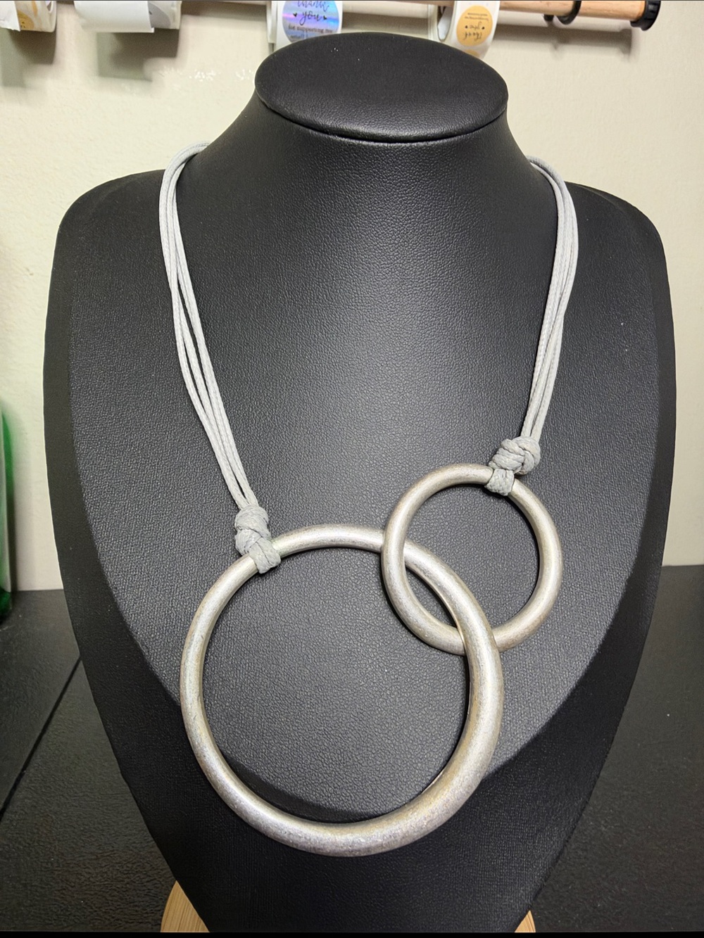 Silver Double-Ring Pendant Gray Cord Necklace - Modern Women’s Jewelry